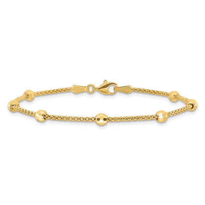14K Yellow Gold Polished 7-Station Mirror Beads and Chain 7 Inch Bracelet