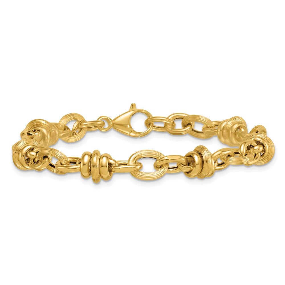 14K Yellow Gold Polished and Textured Round and Oval Fancy Chain 7.5 Inch Bracelet