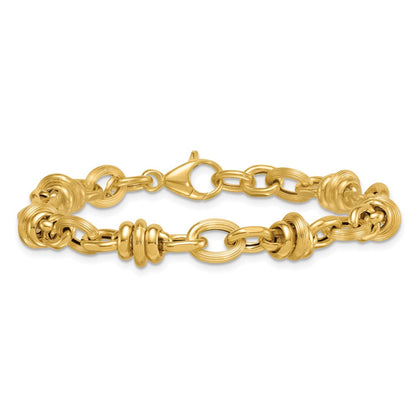 14K Yellow Gold Polished and Textured Round and Oval Fancy Chain 7.5 Inch Bracelet