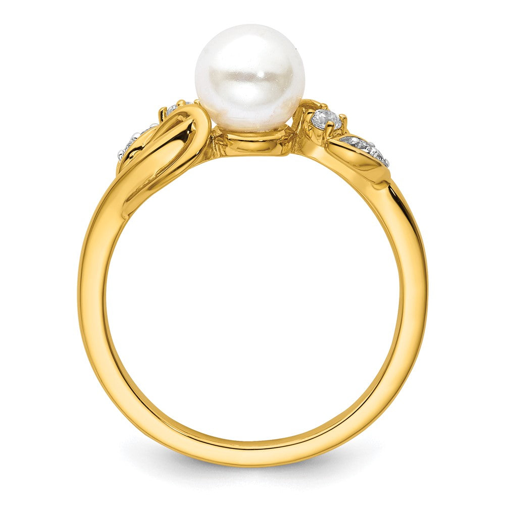 14K Yellow Gold Polished 1/15 carat Diamond and Freshwater Cultured Pearl Size 7 Ring