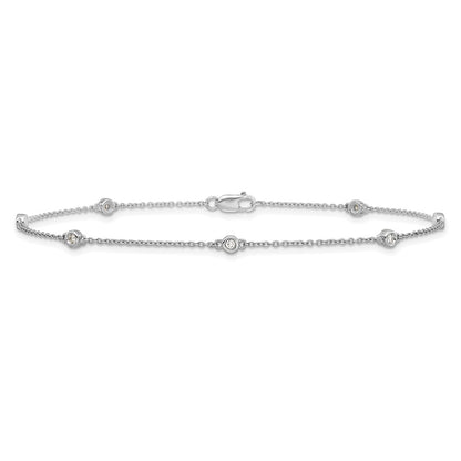 14K White Gold Complete 1/8 carat Bezel-set Diamond and Cable Chain 7-Station 9 Inch Anklet