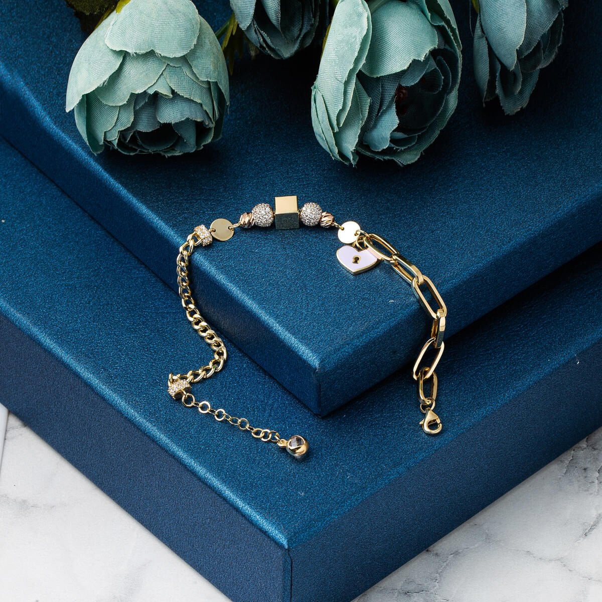 14K Yellow Gold Lock Heart Enamel Bracelet