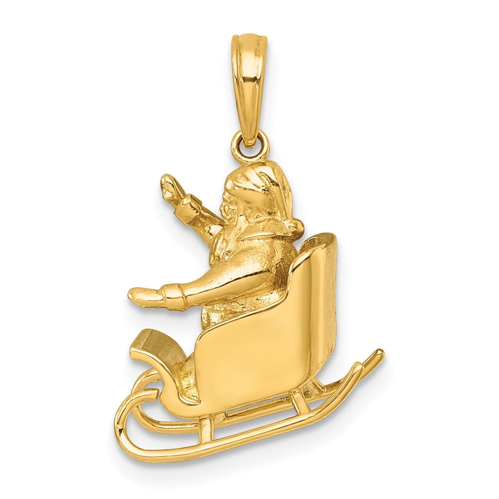 14K Yellow Gold Polished 3-D Waving Santa In Sleigh Charm