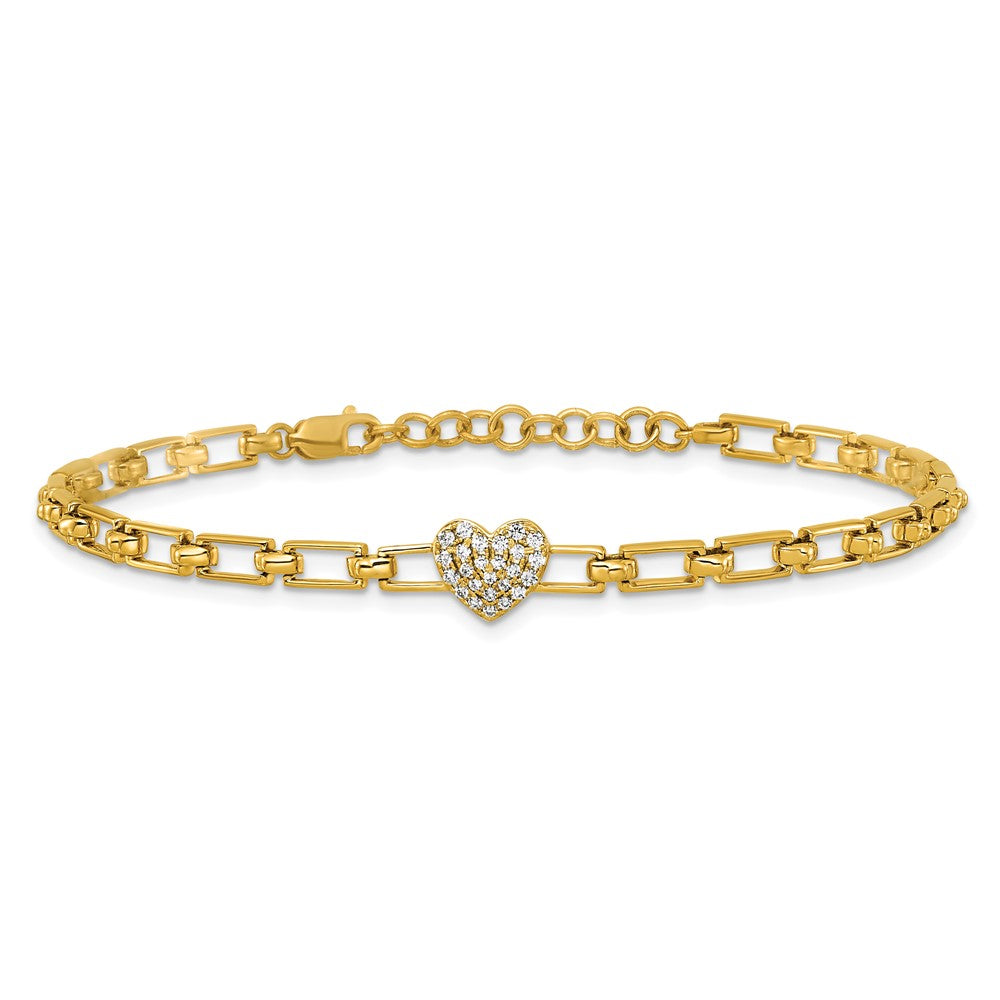 14K Yellow Gold Polished Complete 1/6 carat Diamond Heart Cluster Fancy Link 7 Inch Bracelet with 1 Inch Extender