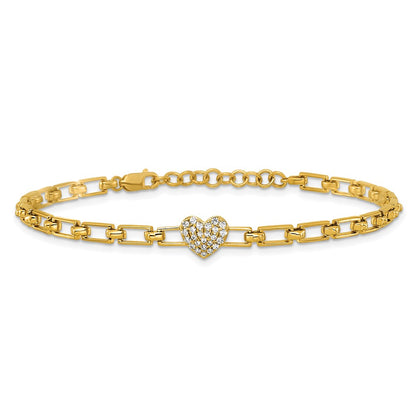 14K Yellow Gold Polished Complete 1/6 carat Diamond Heart Cluster Fancy Link 7 Inch Bracelet with 1 Inch Extender
