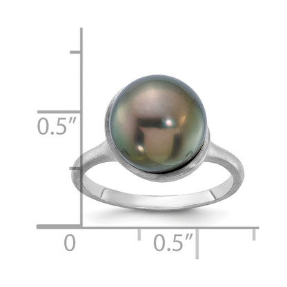 14K White Gold Brushed 10-11mm Round Black Tahitian Saltwater Cultured Pearl Ring