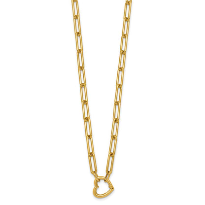 14K Yellow Gold Polished Heart Clasp 17.5 Inch Paperclip Chain Necklace
