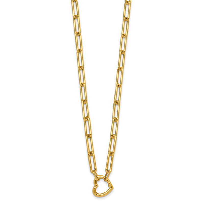 14K Yellow Gold Polished Heart Clasp 17.5 Inch Paperclip Chain Necklace