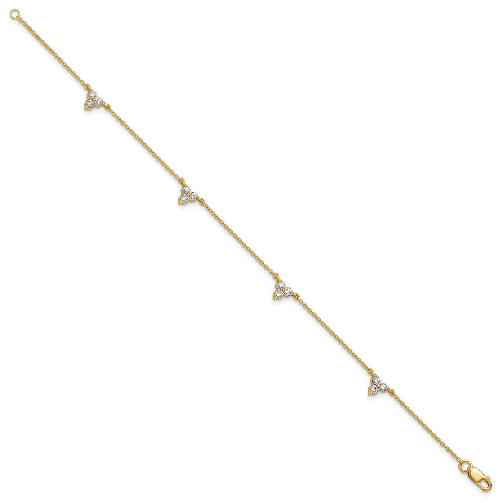 14K Yellow Gold Complete 5/8 carat Diamond 3-Stone Cluster 4-Station 7 Inch Bracelet