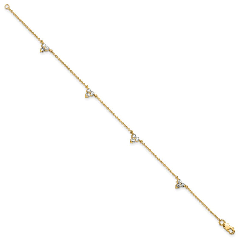 14K Yellow Gold Complete 5/8 carat Diamond 3-Stone Cluster 4-Station 7 Inch Bracelet