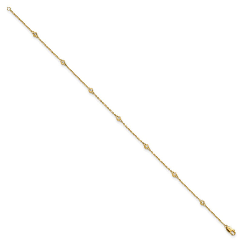 14K Yellow Gold Complete 1/6 carat Bezel-set Diamond and Cable Chain 7-Station 9 Inch Anklet
