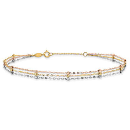 14K Tri-Color Gold Tri-color 3-Strand Diamond-cut Beaded 9-Station 9 Inch Plus 1 Inch Extender - Total 10 Inch Anklet