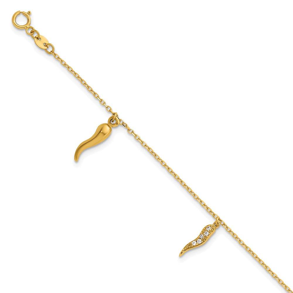 14K Yellow Gold Polished CZ Three Italian Horn Dangles 5.75 Inch Childrens Bracelet Plus 0.75 Inch Extender