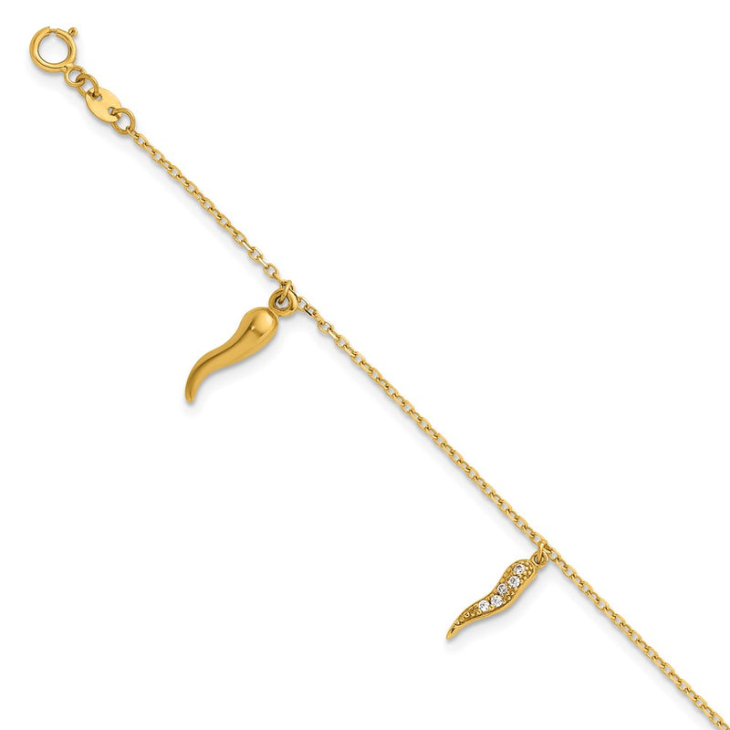 14K Yellow Gold Polished CZ Three Italian Horn Dangles 5.75 Inch Childrens Bracelet Plus 0.75 Inch Extender