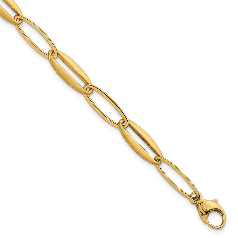 14K Yellow Gold Brushed and Polished 7.25mm Long Oval Link 7.5 Inch Bracelet