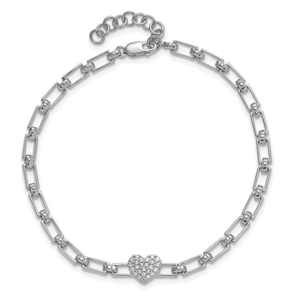 14K White Gold Polished Complete 1/6 carat Diamond Heart Cluster Fancy Link 7 Inch Bracelet with 1 Inch Extender