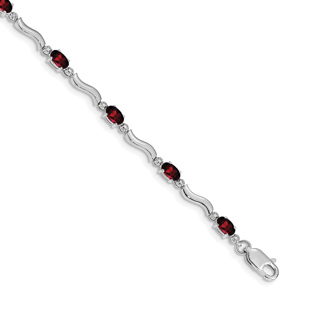 14K White Gold Complete Diamond and Oval Garnet Wavy Link 7 Inch Bracelet