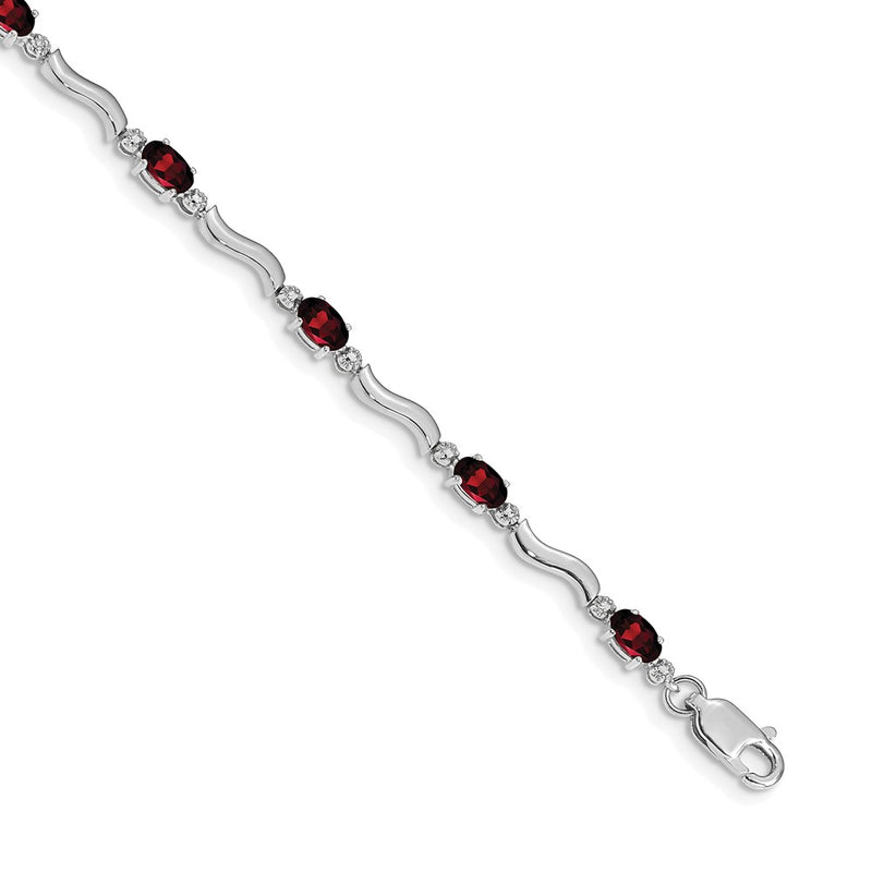14K White Gold Complete Diamond and Oval Garnet Wavy Link 7 Inch Bracelet