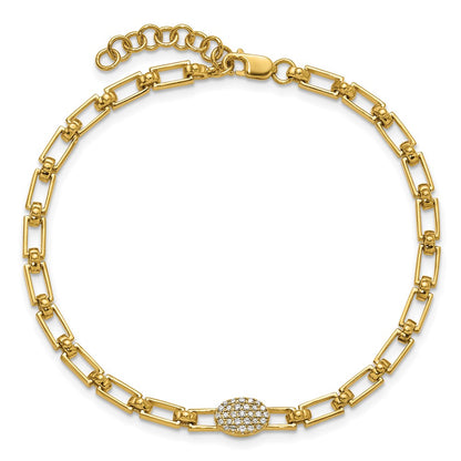 14K Yellow Gold Polished Complete 1/8 carat Diamond Oval Cluster Fancy Link 7 Inch Bracelet with 1 Inch Extender