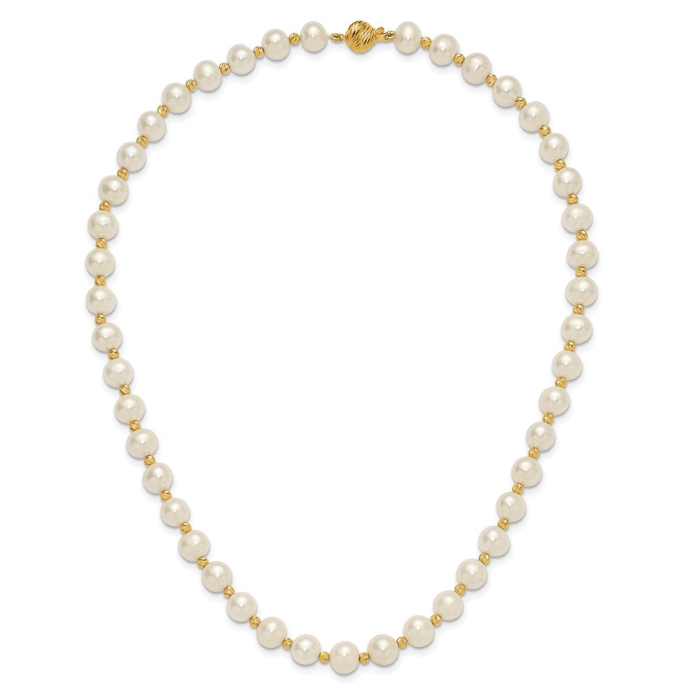 14K Yellow Gold 8-9mm Near-Round Freshwater Cultured Pearl and Diamond-cut Beaded 18 Inch Necklace