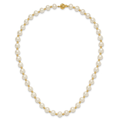14K Yellow Gold 8-9mm Near-Round Freshwater Cultured Pearl and Diamond-cut Beaded 18 Inch Necklace