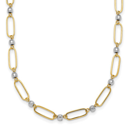 14K Two-Tone Gold Two-tone Polished Paperclip Links and Faceted Beads 18 Inch Necklace