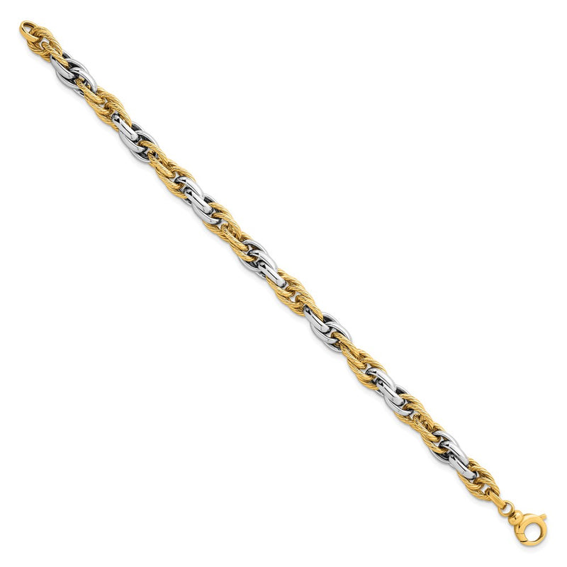 14K Two-Tone Gold Two-tone Polished and Twisted 6.5mm Lightweight Fancy Rope Link Chain Bracelet