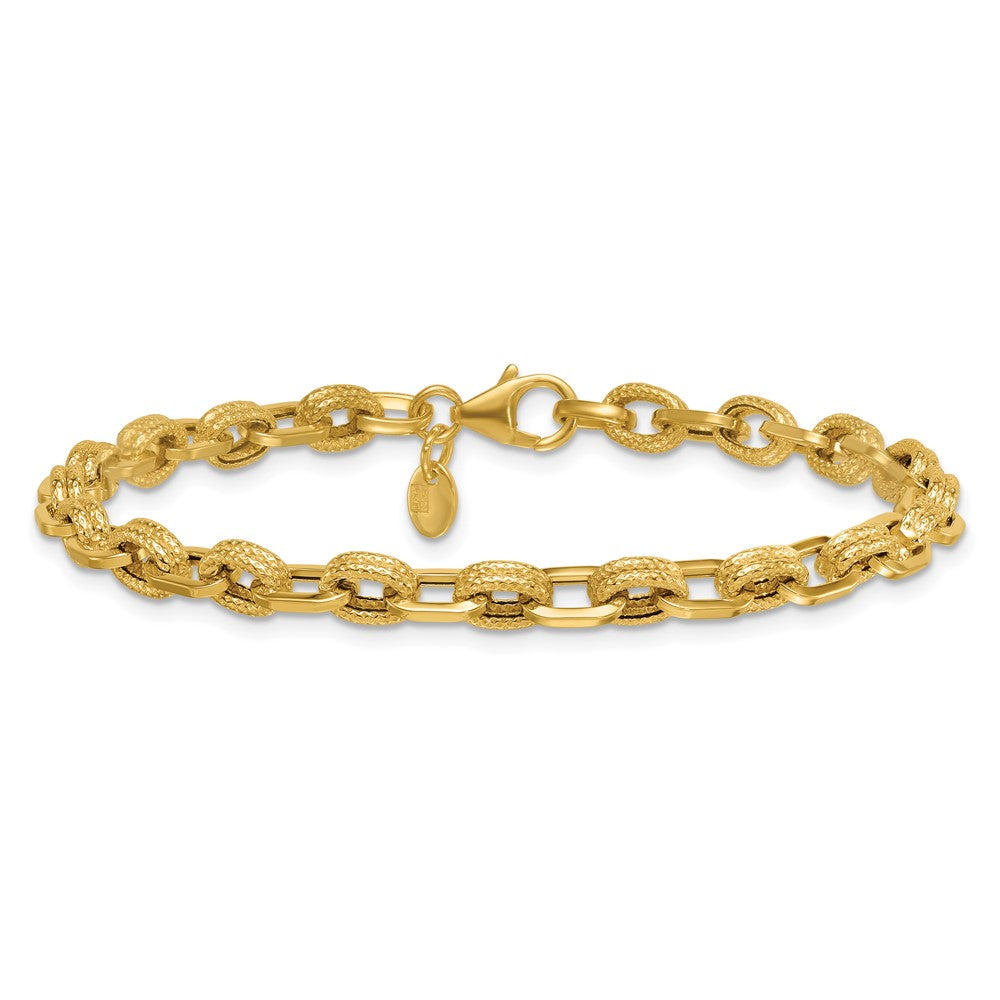 14K Yellow Gold Polished and Textured 4.9mm Fancy Cable Link 7.5 Inch Bracelet