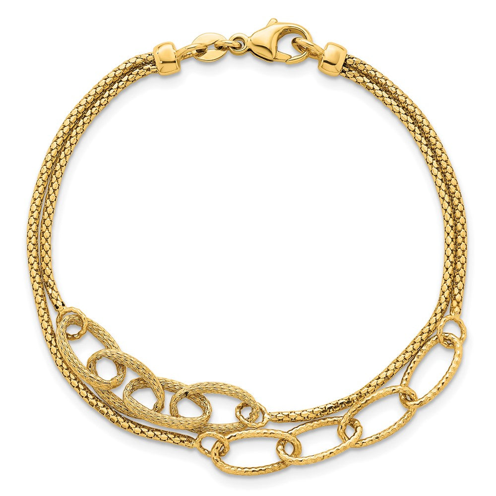 14K Yellow Gold Polished and Textured Woven Double Strand with Oval Links 7.25 Inch Bracelet