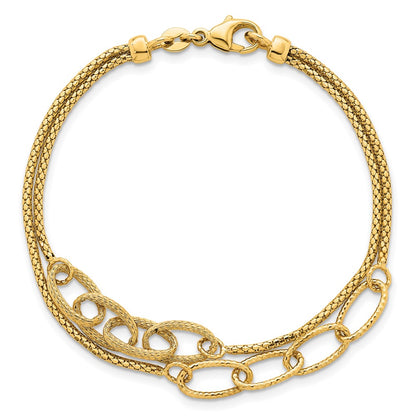 14K Yellow Gold Polished and Textured Woven Double Strand with Oval Links 7.25 Inch Bracelet