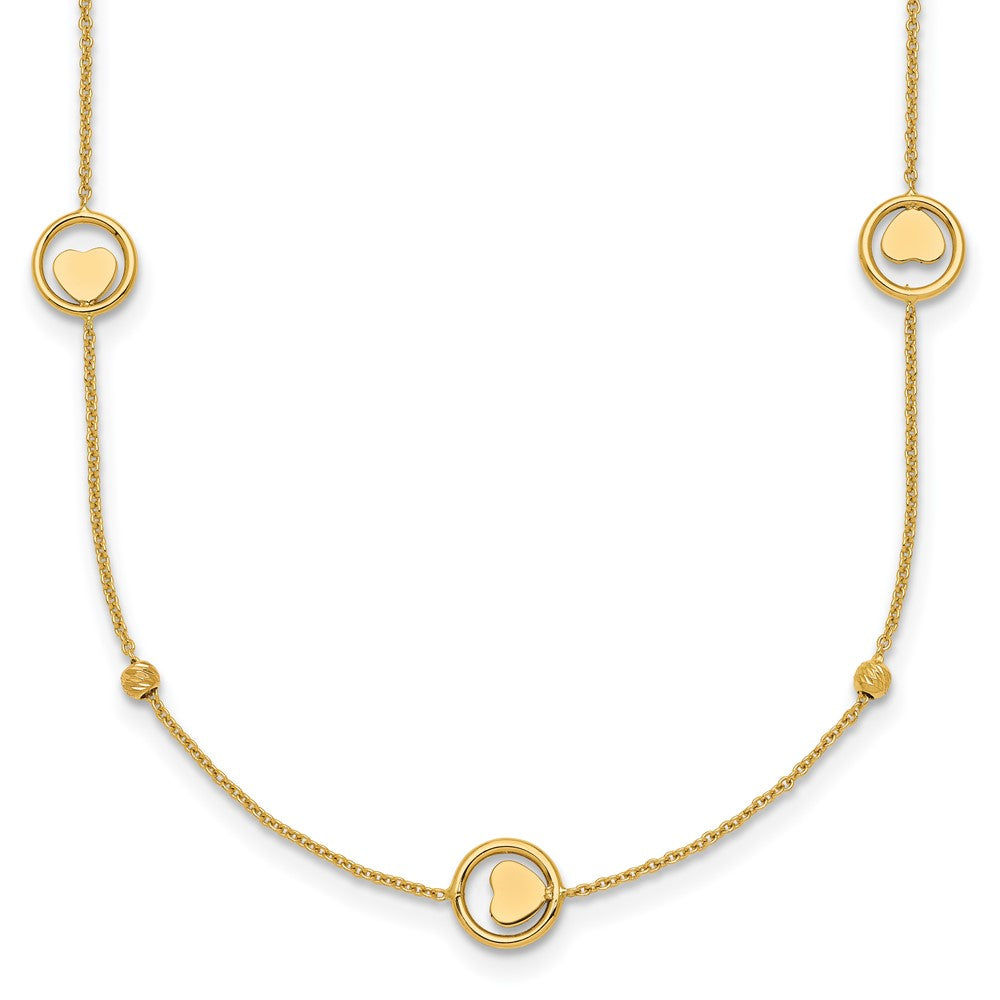 14K Yellow Gold Polished Heart in Circle with Diamond-cut Beads 7-Station 16.75 Inch Necklace
