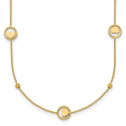 14K Yellow Gold Polished Heart in Circle with Diamond-cut Beads 7-Station 16.75 Inch Necklace