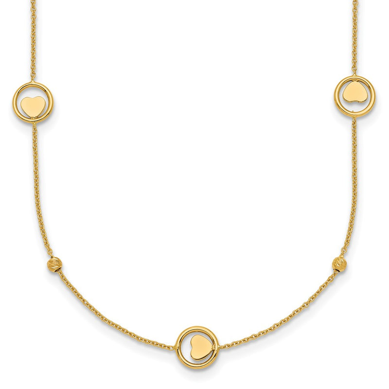14K Yellow Gold Polished Heart in Circle with Diamond-cut Beads 7-Station 16.75 Inch Necklace