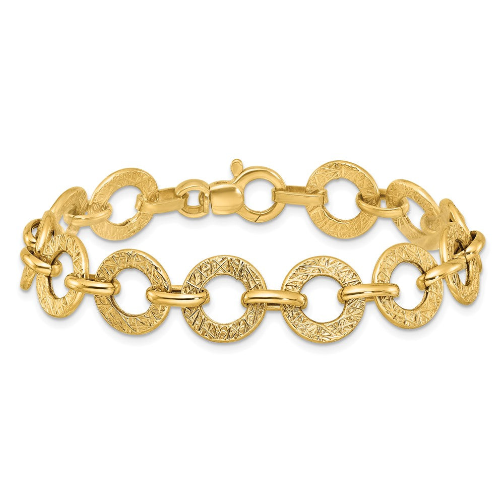 14K Yellow Gold Polished and Textured 12mm Fancy Round Link Chain Bracelet