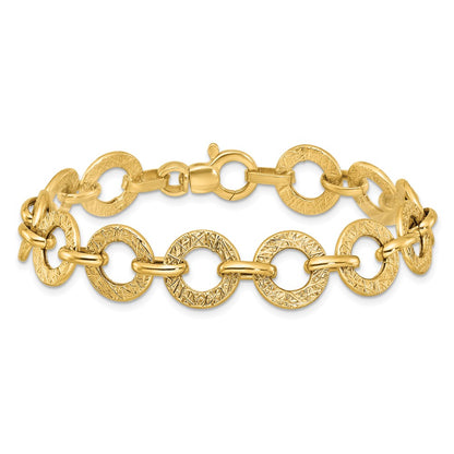 14K Yellow Gold Polished and Textured 12mm Fancy Round Link Chain Bracelet