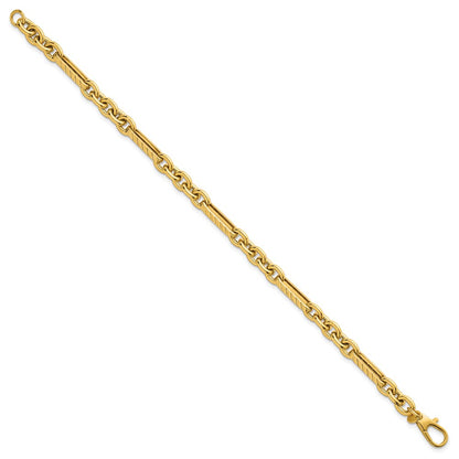 14K Yellow Gold Polished and Textured 4.9mm Oval and Round Link Chain Bracelet
