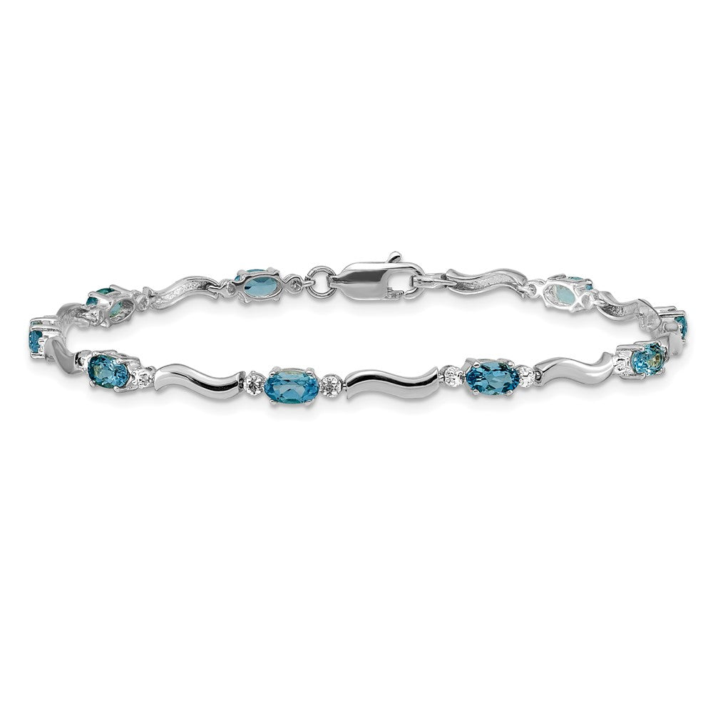14K White Gold Complete Diamond and Oval Swiss Blue Topaz Wavy Link 7 Inch Bracelet