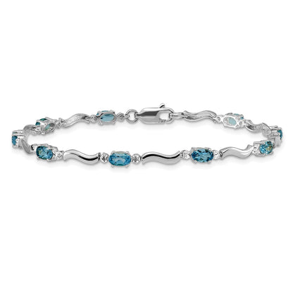 14K White Gold Complete Diamond and Oval Swiss Blue Topaz Wavy Link 7 Inch Bracelet