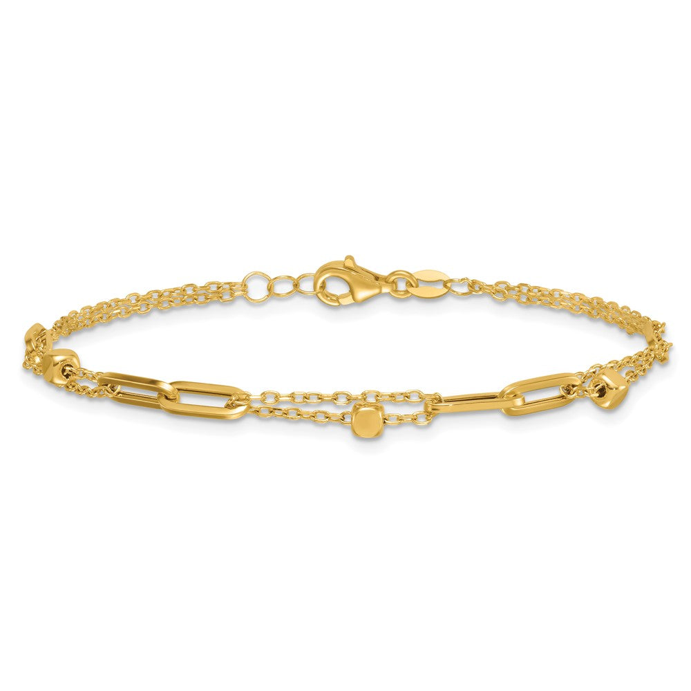 14K Yellow Gold Polished and Beaded 2-Strand with Fancy Paperclip Link Chain Bracelet
