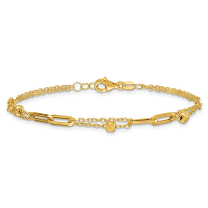 14K Yellow Gold Polished and Beaded 2-Strand with Fancy Paperclip Link Chain Bracelet
