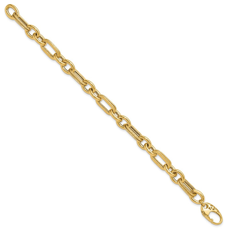 14K Yellow Gold Polished and Textured 7.7mm Fancy Link 7.5 Inch Bracelet