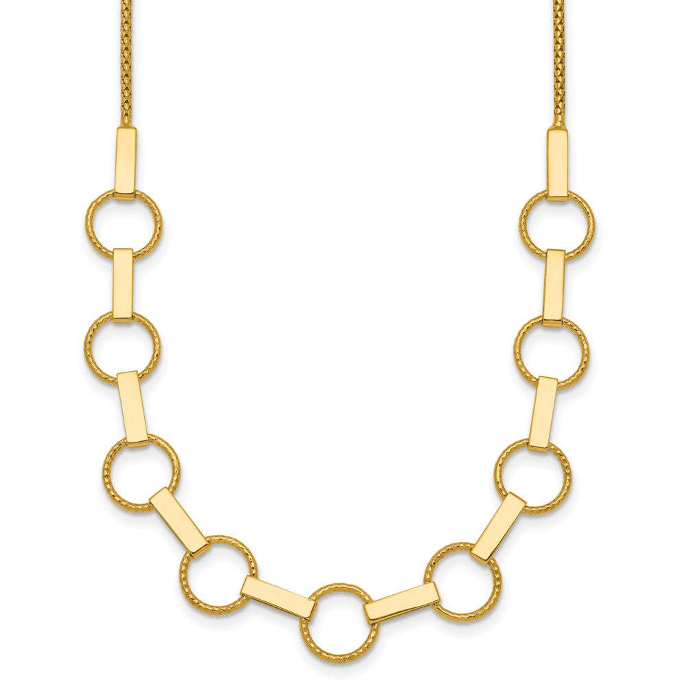 14K Yellow Gold Polished and Textured Circles and Bars 17.5 Inch Necklace