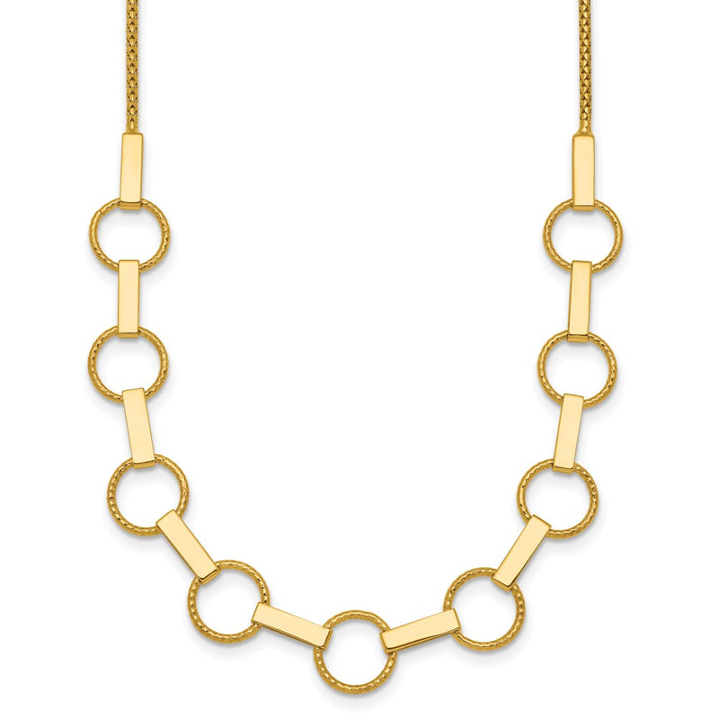14K Yellow Gold Polished and Textured Circles and Bars 17.5 Inch Necklace
