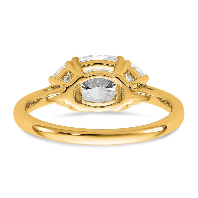 14K Yellow Gold 1/2 carat Lab Grown Diamond VS+ F+ Half Moon and 1 1/2 carat Cushion Center Semi Mount Three Stone Engagement Ring