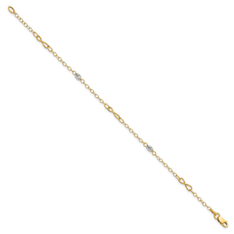 14K Two-Tone Gold Two-tone Twist and Diamond-cut Oval 10 Inch Plus 1 Inch Extender - Total 11 Inch Anklet