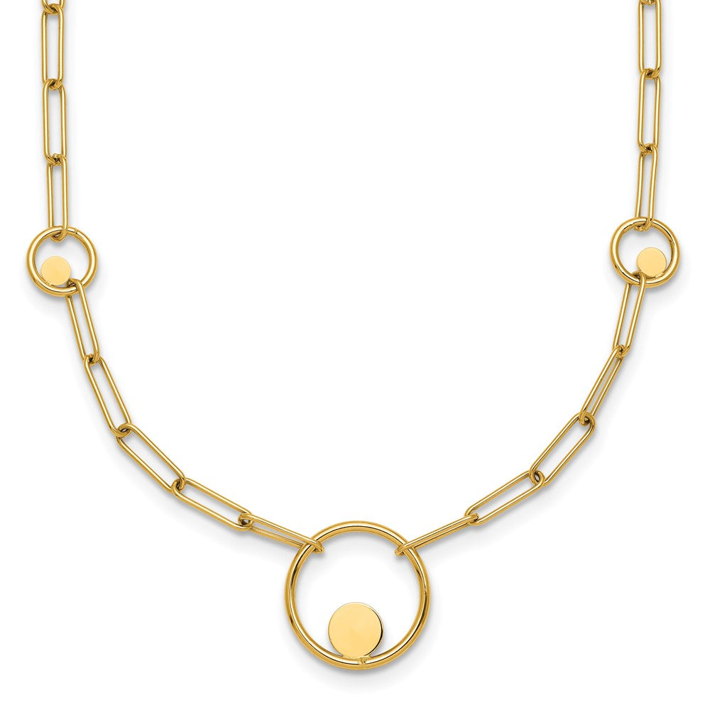 14K Yellow Gold Polished Circle in Circle and Paper Clip Links 3-Station 16.75 Inch Necklace