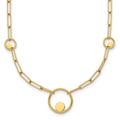 14K Yellow Gold Polished Circle in Circle and Paper Clip Links 3-Station 16.75 Inch Necklace