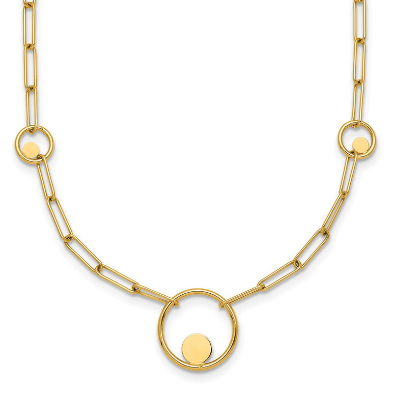 14K Yellow Gold Polished Circle in Circle and Paper Clip Links 3-Station 16.75 Inch Necklace