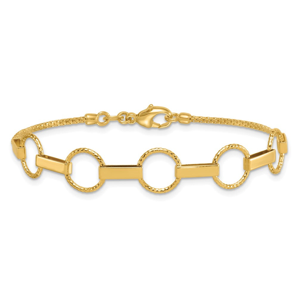 14K Yellow Gold Polished and Textured Circles and Bars 7.5 Inch Bracelet