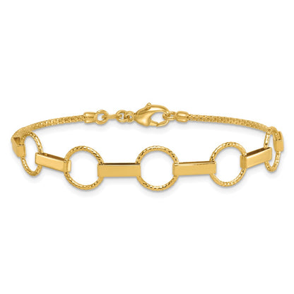 14K Yellow Gold Polished and Textured Circles and Bars 7.5 Inch Bracelet
